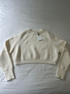 Zara Cropped Ribbed Crewneck Sweater in Cream